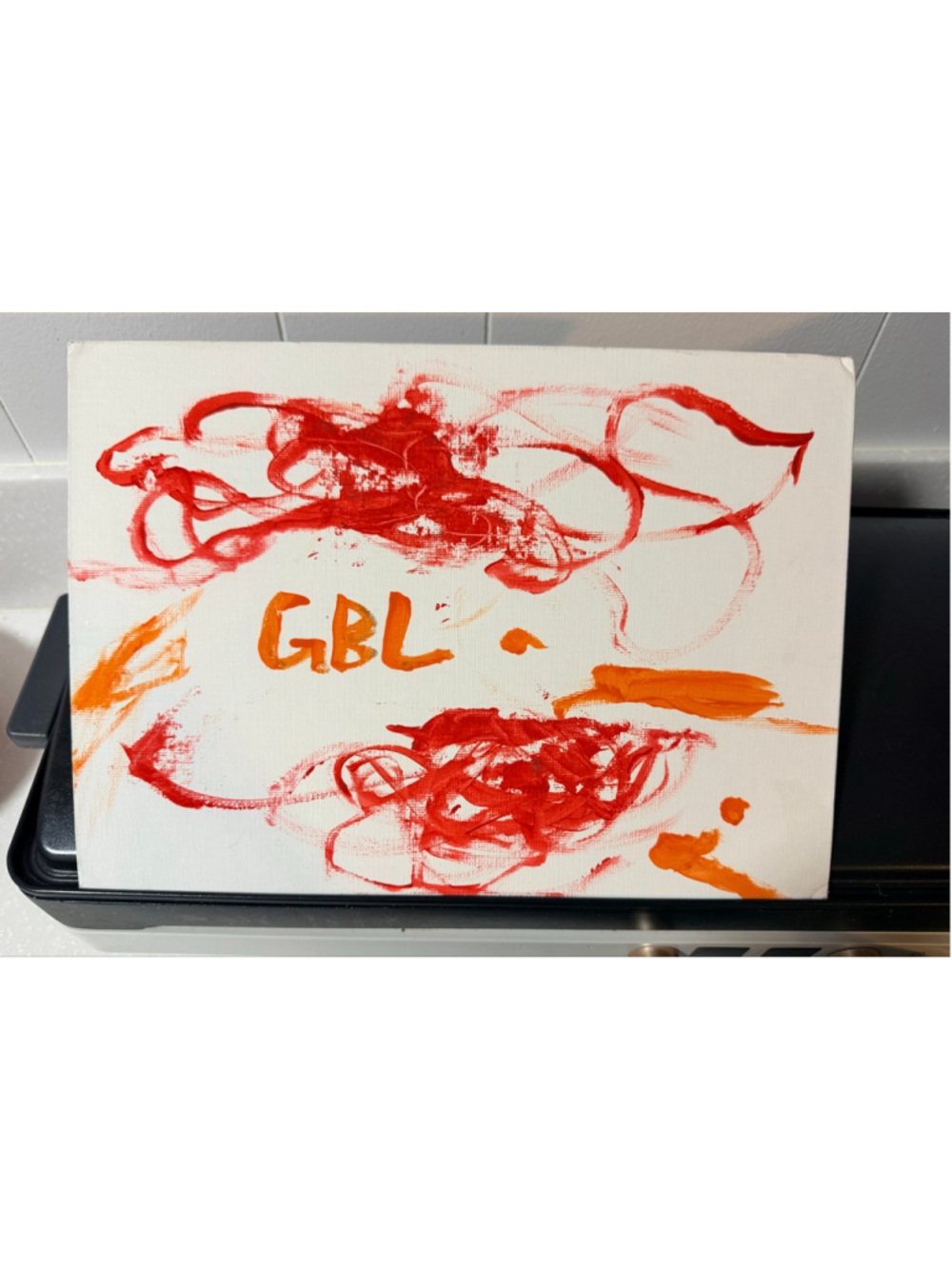 Abstract Painting Art White Red 11 1/2-8 1/2. Budding artist my grandson 6 yr